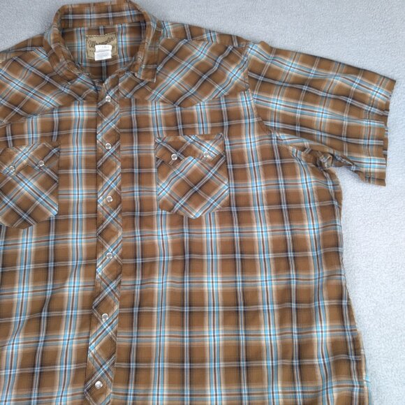 Wrangler Men’s Western XXL Snap Shirt Brown Blue Plaid Pearl Snap Short Sleeve - Picture 15 of 15